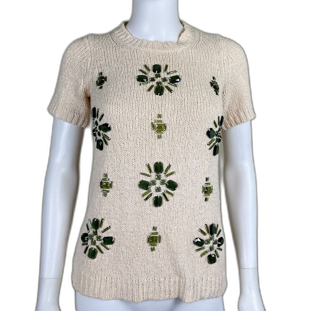 J. Crew Women's Size XXS Cream Linen Jeweled Medallion Knit Crewneck Sweater Top